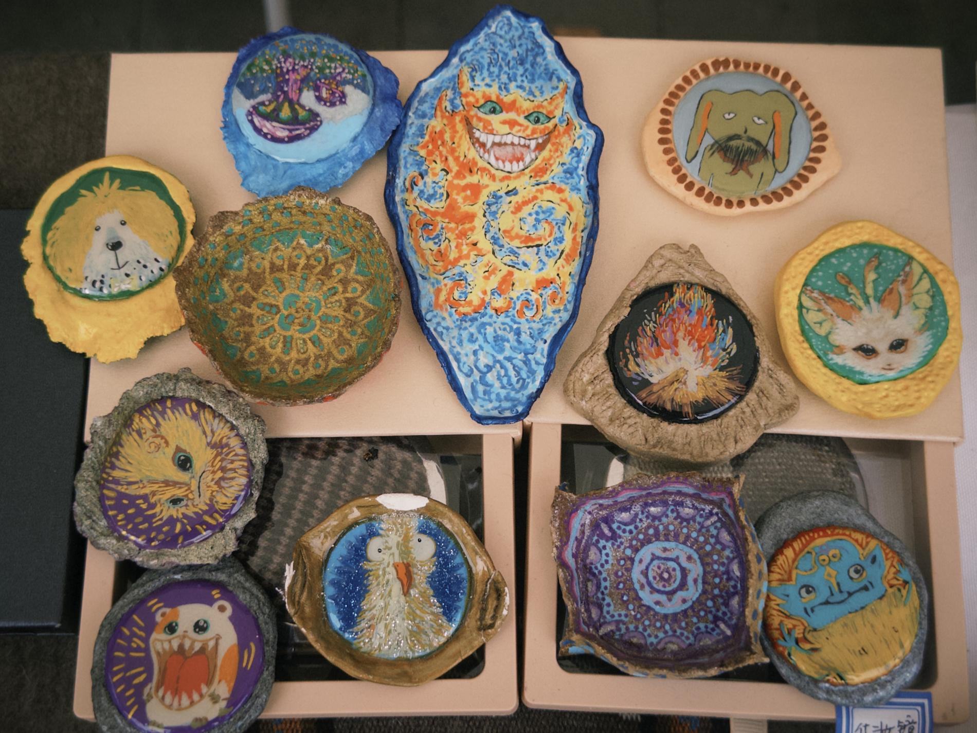 A collection of colourful hand-painted objects