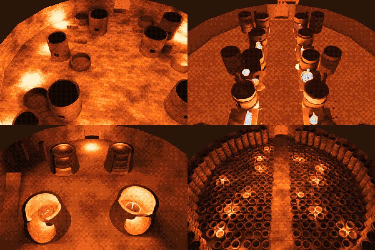Four views of vessels and kiln chambers during firing