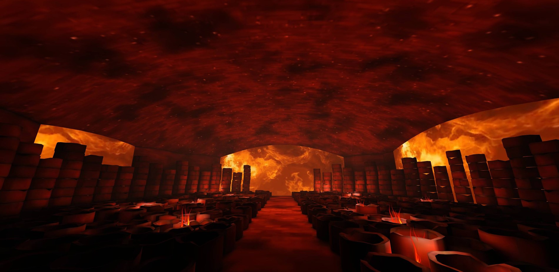 A virtual kiln illuminated by fire, with rows of ceramic saggars
