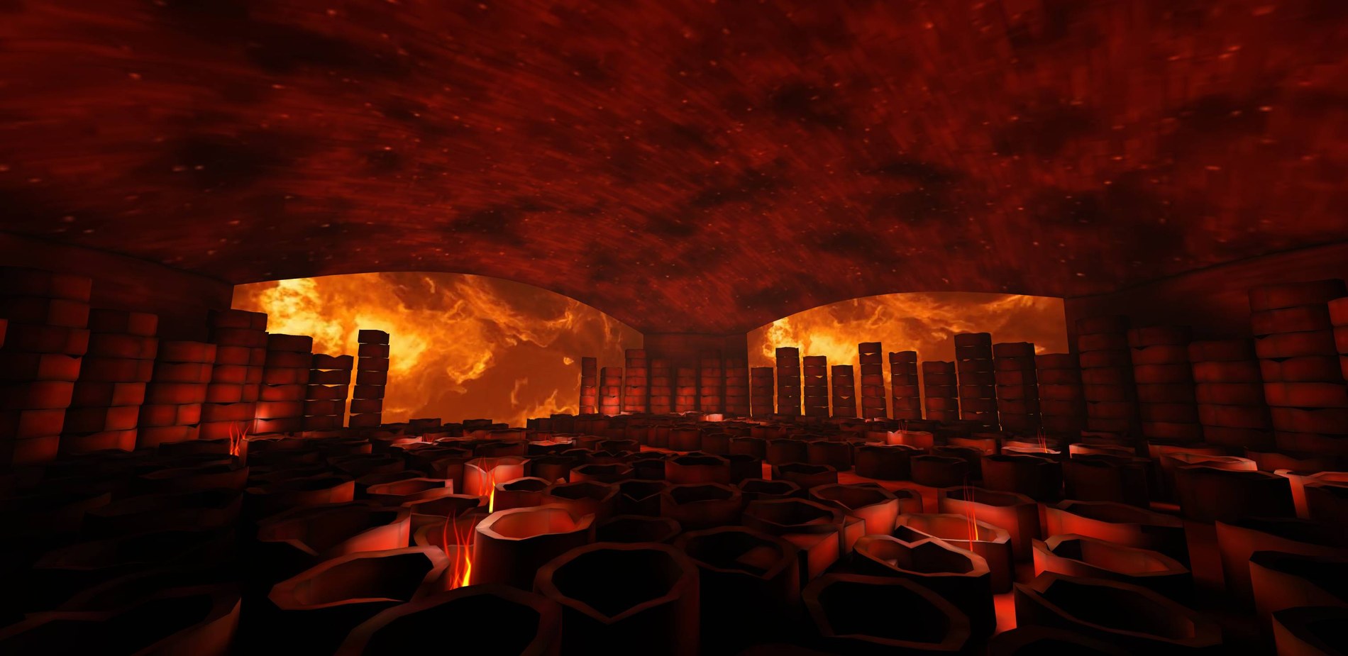 Fire illuminates rows of kiln furniture in the virtual exhibition